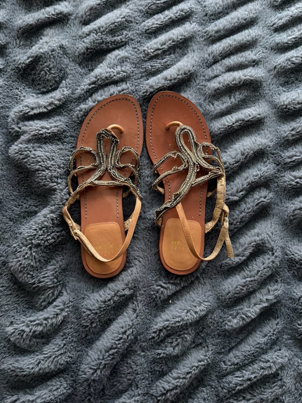 Stuart Weitzman Brown and Gold Beaded Leather Sandals